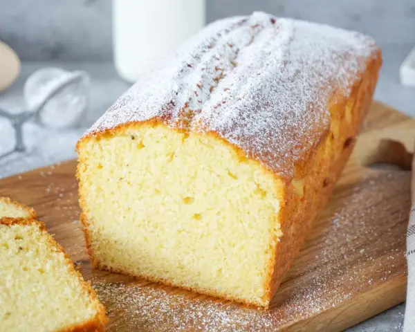 Ein saftiger Rührkuchen, bestäubt mit Puderzucker, perfekt für ein einfaches Kuchen Rezept.