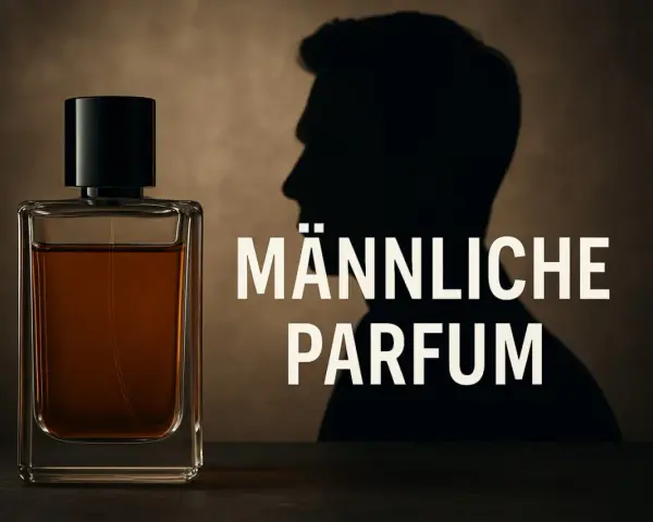 Eine Glasflasche mit braunem Parfum und der Schatten eines Mannes.