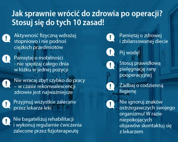 Zasady powrotu do zdrowia po operacji: aktywność, dieta, nawodnienie, mobilność, pielęgnacja rany, higiena, leki, rehabilitacja, słuchanie organizmu. Pamiętaj o drenie chirurgicznym i konsultacji z lekarzem.