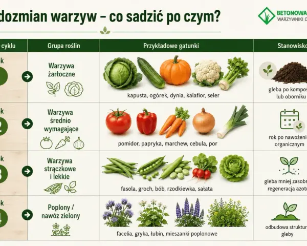 Plan płodozmianu warzyw: rok 1 – warzywa żarłoczne (kapusta, dynia), rok 2 – średnio wymagające (pomidor, marchew), rok 3 – strączkowe (fasola, groch), rok 4 – poplony.