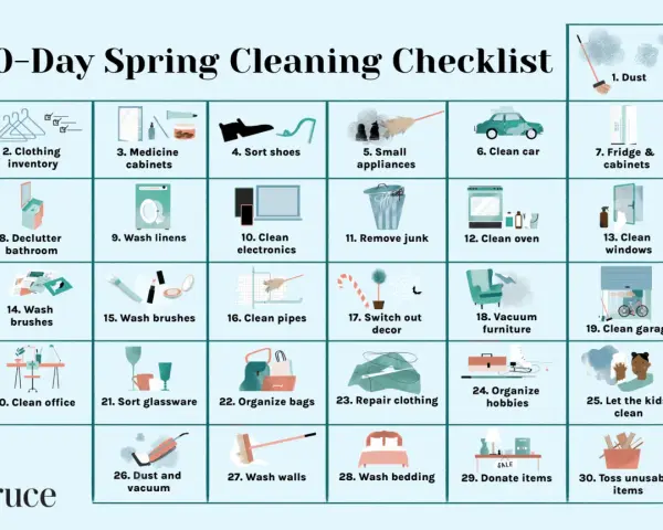 A 30-day spring cleaning checklist with illustrated tasks like dusting, organizing clothes, cleaning appliances, and decluttering.