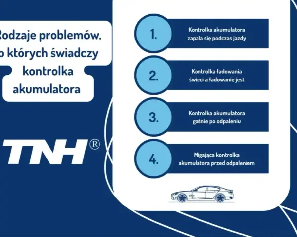 Rodzaje problemów, o których świadczy kontrolka akumulatora: zapala się podczas jazdy, gaśnie po odpaleniu, miga przed odpaleniem.