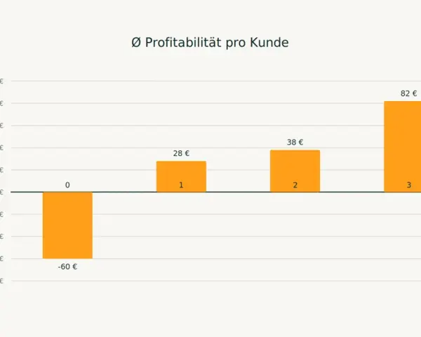 Balkendiagramm zeigt die durchschnittliche Profitabilität pro Kunde. Ein negativer Wert von -60 € steht für hohe churn rate, während die Profitabilität mit steigender Kundenzahl zunimmt.