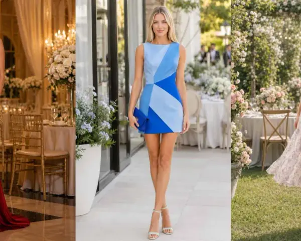 Elegancka czerwona suknia, niebieska sukienka mini i kwiecista kreacja – inspiracje, jak się ubrać na wesele.