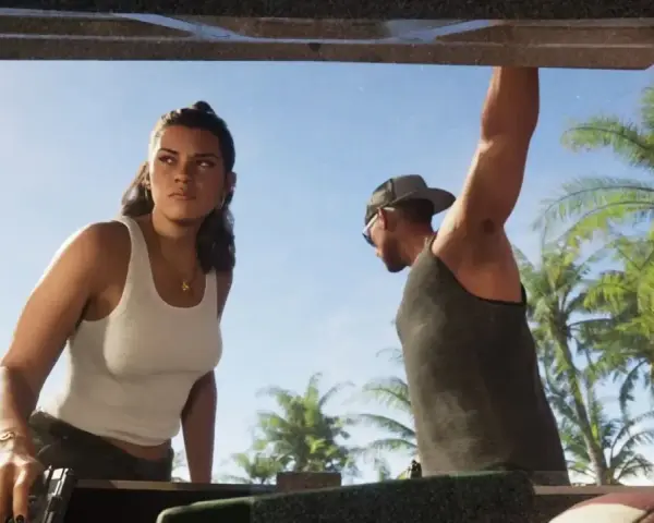 Kobieta i mężczyzna w tropikalnym otoczeniu, przygotowujący się do akcji. Zapowiedź premiery GTA 6 budzi emocje.