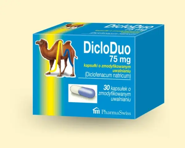 Opakowanie DicloDuo 75 mg z wielbłądem, reklamujące najsilniejszy lek na ból kręgosłupa.