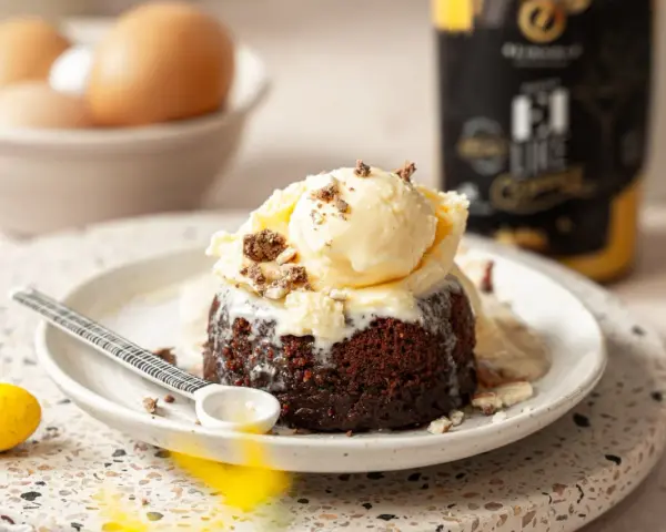Ein warmer brownie mit einer Kugel Vanilleeis, bestreut mit Schokostückchen. Perfekt für Naschkatzen!