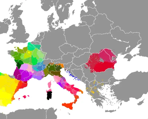 Mapa de Europa con áreas coloreadas que indican dónde se habla el corso y otras lenguas romances.