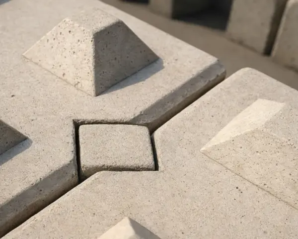 Betonowe pustaki zalewowe z wypustkami i wgłębieniami, tworzące stabilną, geometryczną powierzchnię.