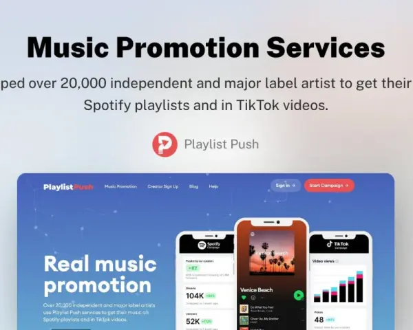 Playlist Push: Musikpromotion-Erfahrungen. Website zeigt, wie über 20.000 Künstler Musik auf Spotify & TikTok promoten.