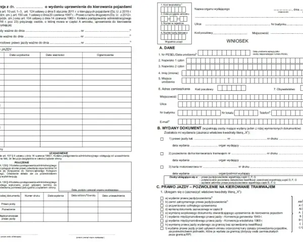 Fragment formularza wniosku o wydanie prawa jazdy z polami do wypełnienia, tabelą kategorii prawa jazdy i sekcją danych osobowych.
