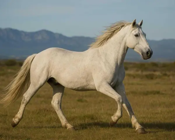 Un magnifique cheval Camargue blanc galope dans un pré herbeux, avec des montagnes bleues en arrière-plan.