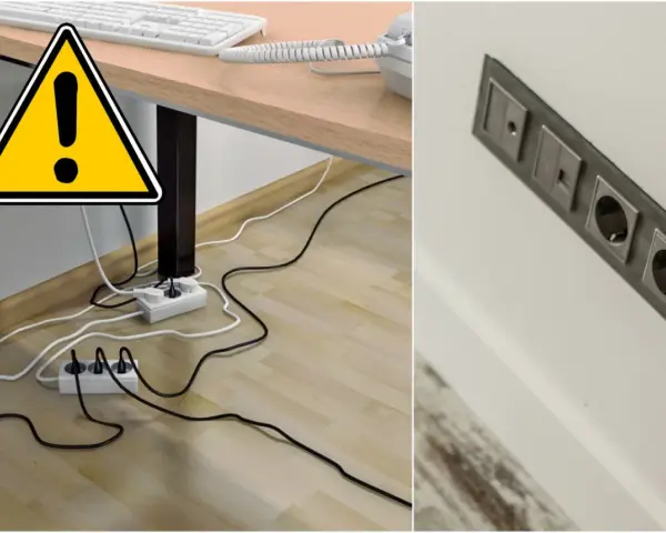 Ostrzeżenie przed bałaganem kabli pod biurkiem. Po prawej stronie widać estetyczną, nowoczesną instalację elektryczną.