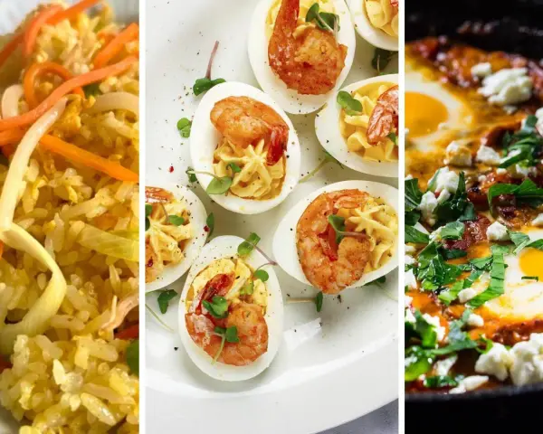 Drei Gerichte: gebratener Reis, gefüllte Eier mit Garnelen und Shakshuka. Tolle Eier Rezepte für jeden Anlass.