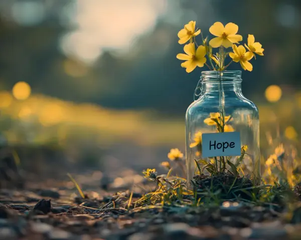 Gelbe Blumen in einem Glas mit dem Wort "Hope" darauf. Dies symbolisiert, was Advent bedeutet: Hoffnung und Licht in dunklen Zeiten.
