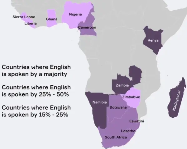 Mapa Afryki z zaznaczonymi krajami, gdzie angielski jest językiem urzędowym. Ghana jest jednym z nich.