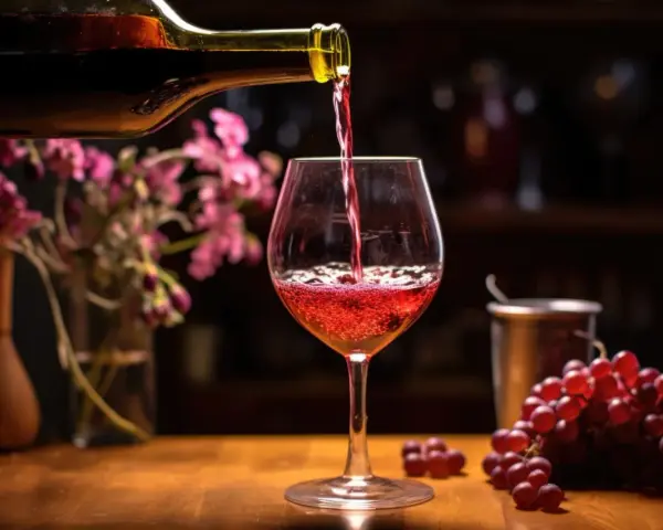 Czerwone, mocne wino z winogron nalewa się do kieliszka. Obok kiść winogron i kwiaty.
