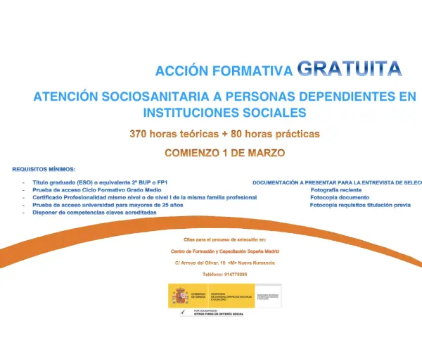 Acción formativa gratuita: atención sociosanitaria en instituciones sociales. Requisitos, documentación y citas para el curso que comienza el 1 de marzo.