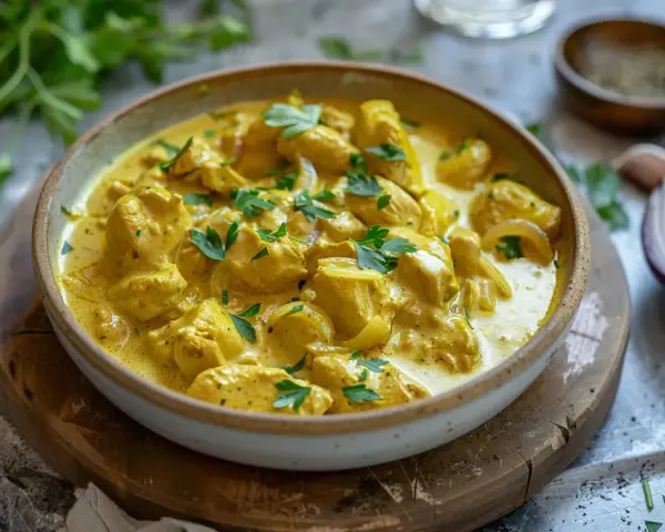 En krämig kycklinggryta med lök och persilja, perfekt för ett snabbt currysås recept.