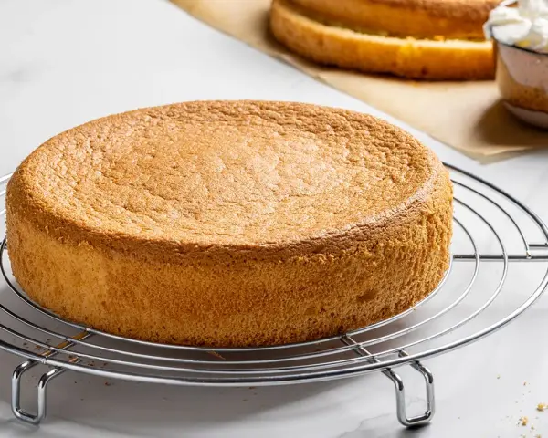 Un pan di spagna sofficissimo, dorato e invitante, pronto per essere farcito.