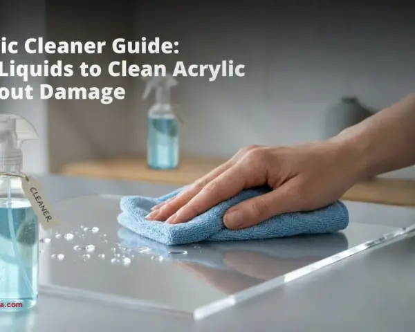 Learn how to clean acrylic safely with this guide. A hand wipes a clear acrylic surface with a blue cloth, next to a spray bottle labeled "CLEANER.