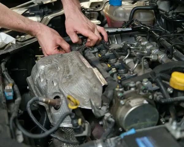 Mechanik wymienia czujnik położenia wałka rozrządu w silniku samochodowym.