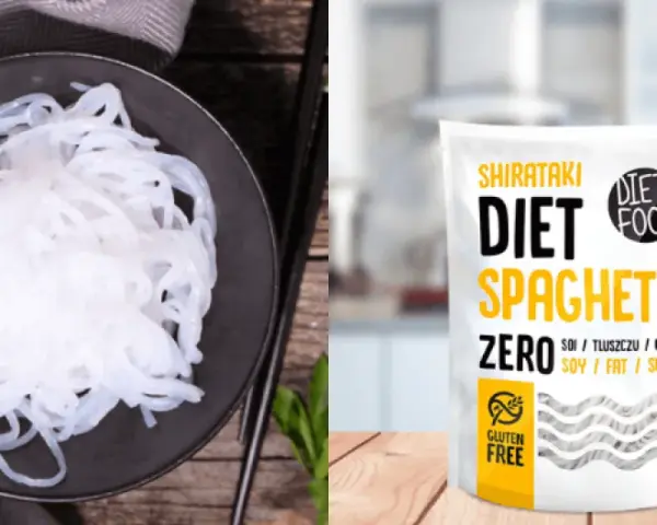 Makaron konjac na talerzu obok opakowania Shirataki Diet Spaghetti. Idealny wybór dla osób dbających o linię.