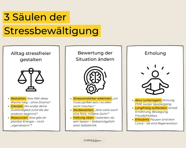 Drei Säulen der Stressbewältigung: Alltag gestalten, Situation bewerten, Erholung. Effektives coping durch Reduktion, Grenzen setzen & Ressourcen nutzen.