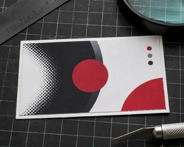 Tarjeta de presentación con diseño moderno en blanco, negro y rojo. Se aprecian círculos y puntos, con una regla y cúter cerca, sugiriendo la creación de distintos tamaños DIN.
