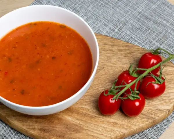 Aksamitna zupa pomidorowa z ryżem czy z makaronem? Na desce leżą świeże pomidorki koktajlowe, idealne do tej klasycznej potrawy.
