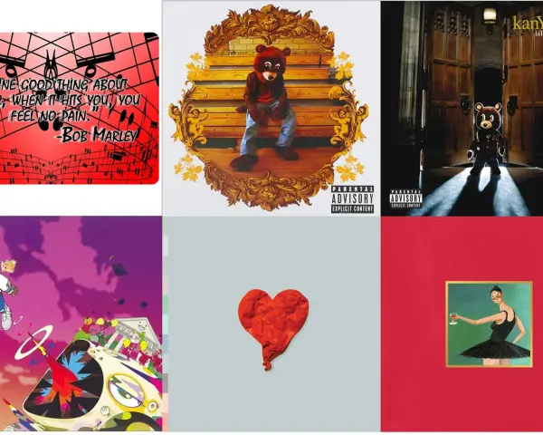 Six pochettes d'album de Kanye West, dont "Late Registration" avec un ours en peluche.