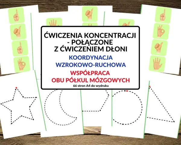 Zestaw darmowe ćwiczenia na koncentrację z obrazkami dłoni i kształtami do obrysowania.