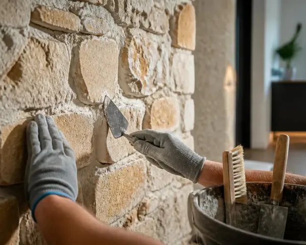 Mains gantées travaillant sur un joint de mur en pierre avec une truelle. Outils de maçonnerie à proximité.