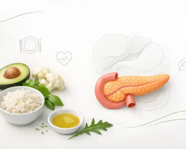 Zdrowe składniki jak ryż, awokado, kalafior i oliwa wspierają dietę trzustkową. Obok model trzustki i wątroby.