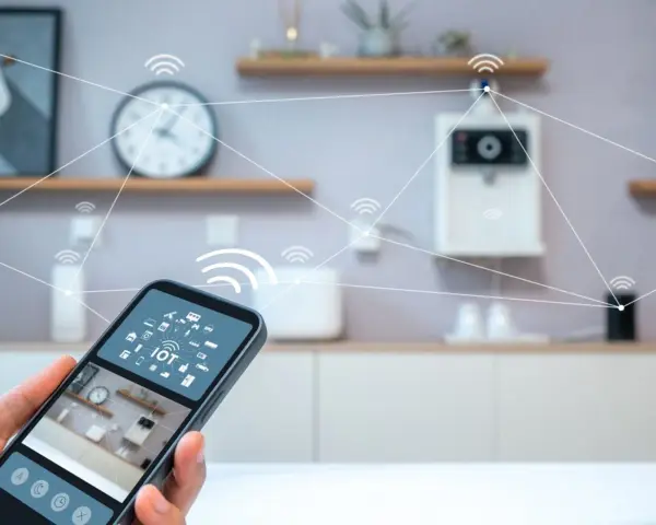 A hand holds a smartphone displaying an IoT interface, showing how you can control an IoT connected smart device remotely.