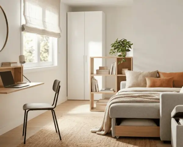 Habitación de invitados y estudio con escritorio plegable, sofá cama y estantería.
