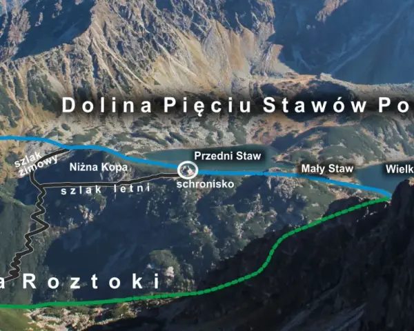 Widok na Dolinę Pięciu Stawów Polskich i Dolinę Roztoki. Szlak zimowy i letni prowadzą przez góry.