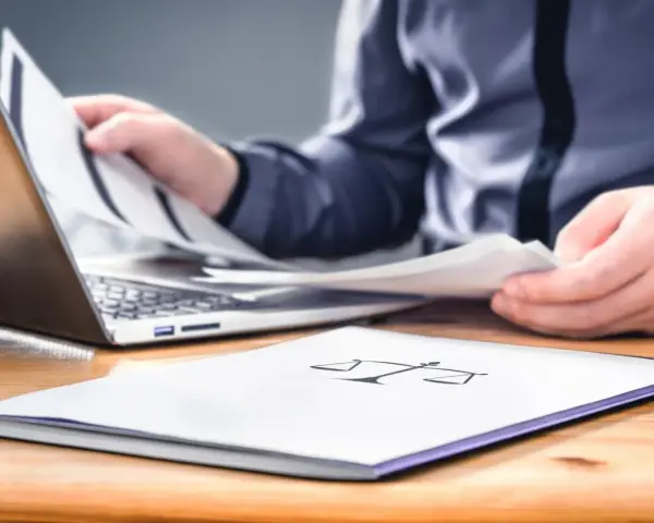 Osoba przegląda dokumenty przy laptopie. Na pierwszym planie folder z symbolem wagi, sugerujący sprawy związane z prawem i potencjalną masą upadłościową.