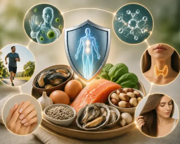 Le sélénium, essentiel pour l'immunité, la thyroïde, les cheveux et les ongles, se trouve dans ces aliments : saumon, fruits de mer, œufs, noix du Brésil.