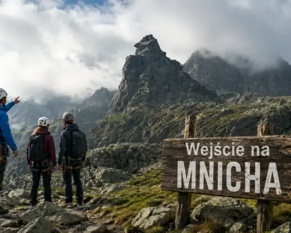 Trzech turystów w kaskach i z plecakami stoi przed znakiem "Wejście na Mnicha" w Tatrach.