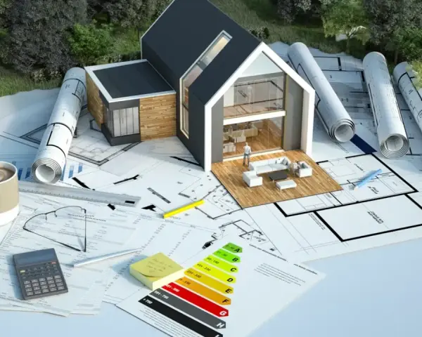 Projekt domu z energooszczędnym ogrzewaniem elektrycznym. Na stole plany, kalkulator i certyfikat energetyczny.