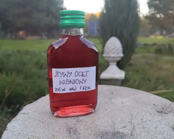 Butelka żywego octu wiśniowego, 100 ml, z zieloną zakrętką. W tle ogród. Ocet wiśniowy właściwości zdrowotne.