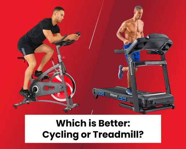 Man cycling on a stationary bike vs. man running on a treadmill. Which is better: cycling or treadmill?