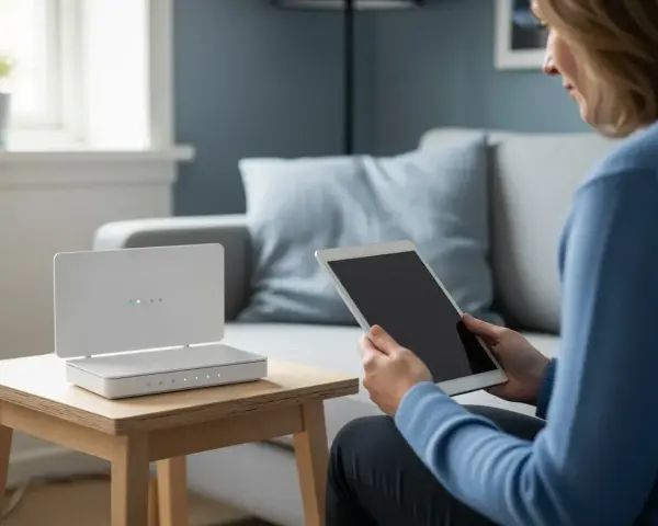 Kvinna med surfplatta bredvid en vit router som visar statuslampor. Hon kanske justerar wifi frekvens för bättre täckning.