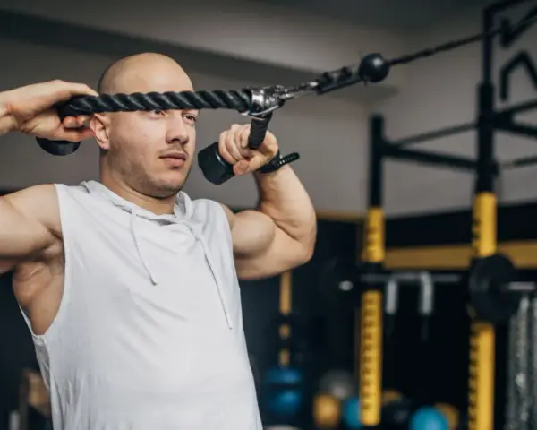 Man med rakad skalle utför face pulls med ett rep i ett gym.