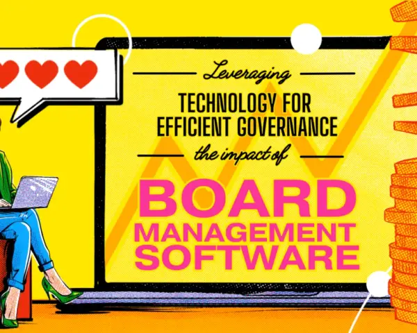 A woman uses board management software on her laptop, with hearts above her head and coins to the side, symbolizing efficient governance and success.