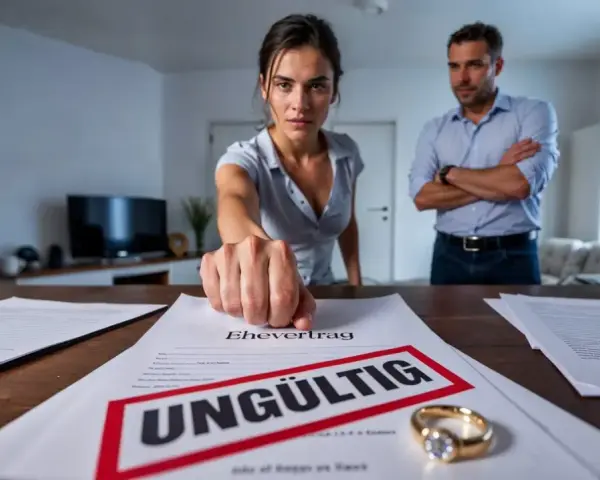 Frau schlägt auf ungültigen Ehevertrag. Verzicht auf Zugewinnausgleich ohne Notar? Ein Mann steht im Hintergrund.
