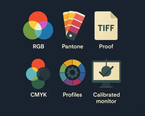 Ikony: RGB, Pantone, Proof, CMYK, Profiles, Calibrated monitor. Kluczowe dla jakości wydruku są ppi i dpi.