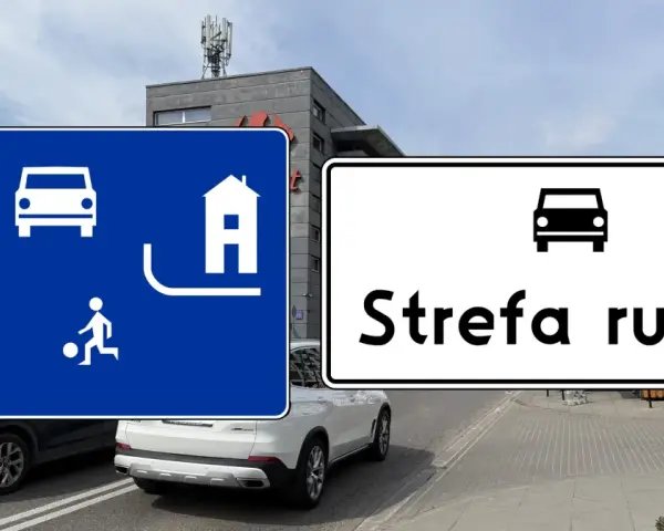 Dwa znaki drogowe: niebieski z piktogramami pieszych, dzieci bawiących się piłką i samochodu, oraz biały z napisem "Strefa ruchu" i ikoną samochodu.