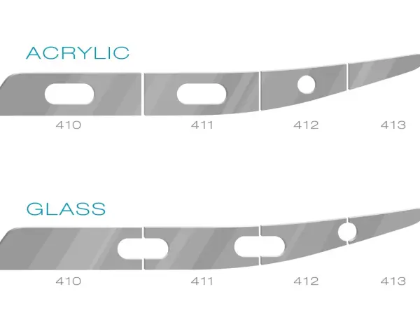 Comparing acrylic and glass shapes, the acrylic pieces appear thinner, suggesting plexiglass is lighter than glass.